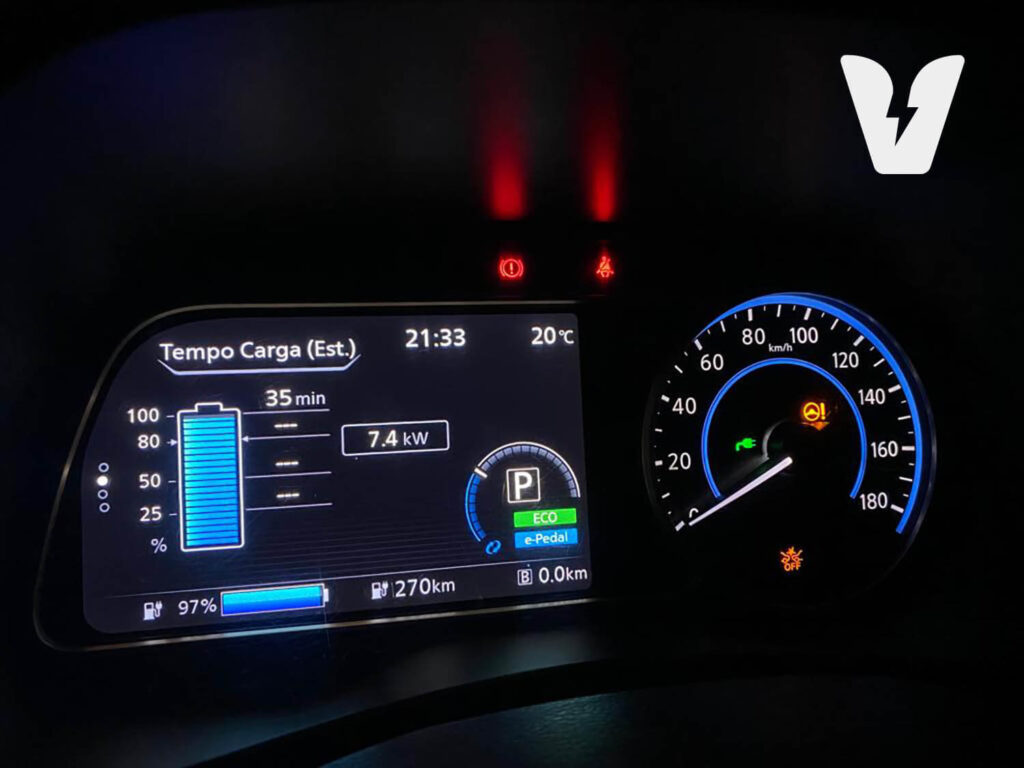 Fotografia colorida mostra no painel do carro elétrico informações sobre o tempo de recarga.